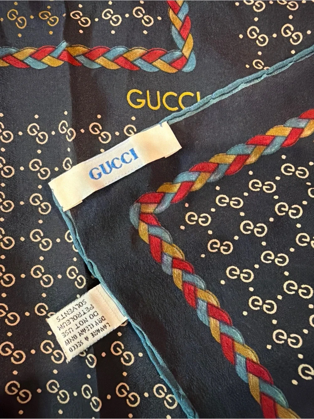 Vintage Gucci Black Silk Square Scare with Red, Green and Yellow Trim